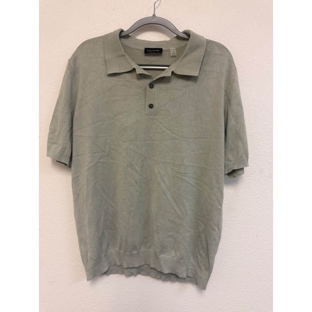 Tahari Mens Knit Polo Shirt Sage Green Short Sleeve Ribbed Trim Size Large